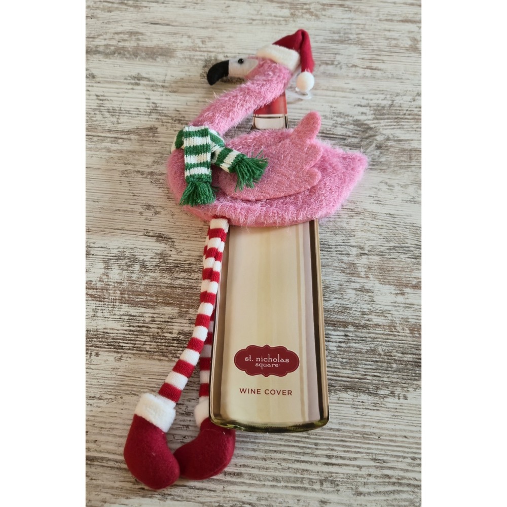 St Nicholas Square Pink Flamingo Wine Bottle Cover Christmas Santa 16in NWT